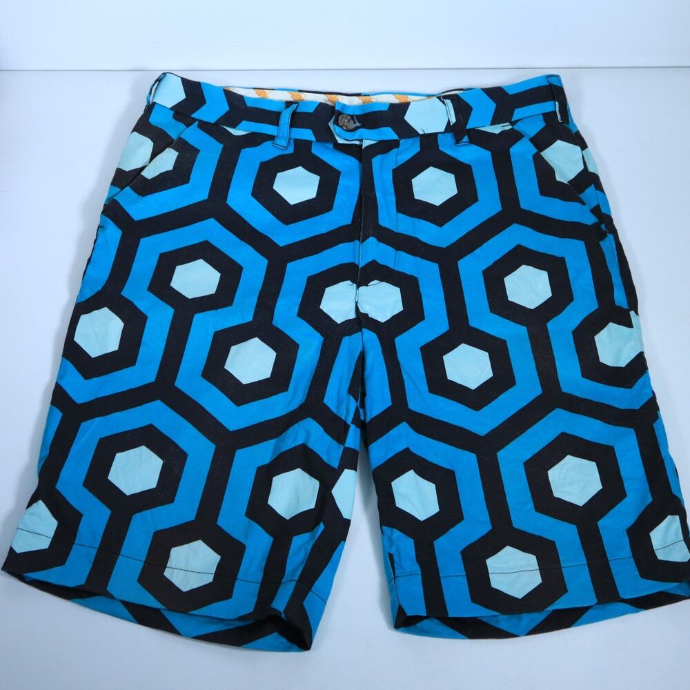 Loudmouth Men's Flat Front Golf Shorts Turquoise Light Blue Geometric • Size 34